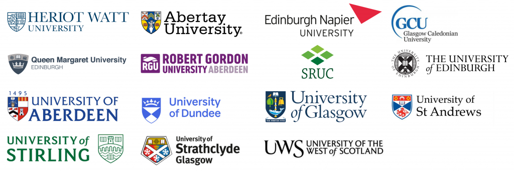Heriot-Watt University, Abertay University, Edinburgh Napier University, Glasgow Caledonian University, Queen Margaret University, Edinburgh, Robert Gordon University, SRUC (Scotland's Rural College), The University of Edinburgh, University of Aberdeen, University of Dundee, University of Glasgow, University of St Andrews, University of Stirling, University of Strathclyde, University of the West of Scotland.